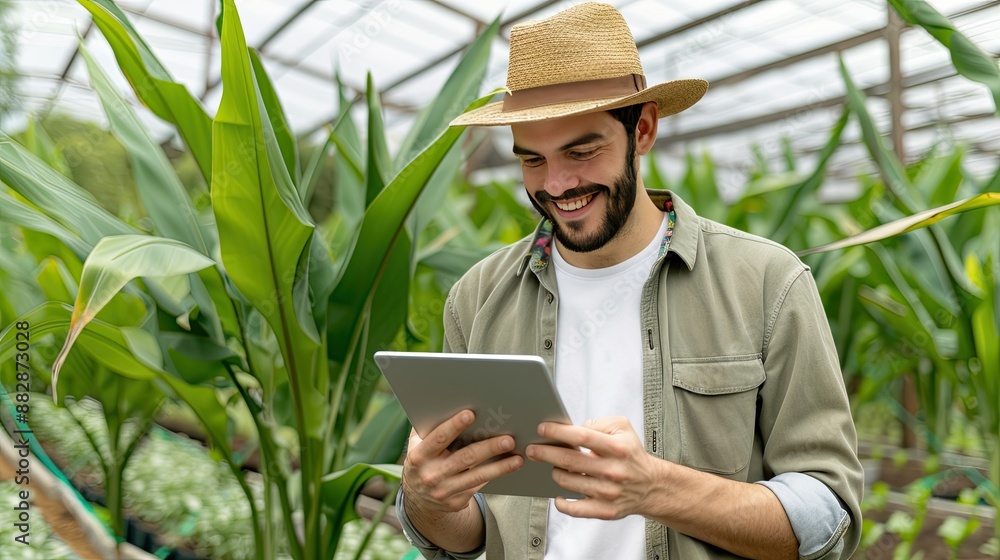 A man walks through rows of plants in a greenhouse while looking at a tablet A man walks through rows of plants in a greenhouse while looking at a tablet