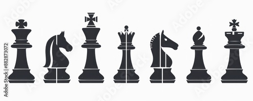 Set of black chess pieces silhouettes on white background, symbolizing strategy and intelligence in minimalist art - Generative ai