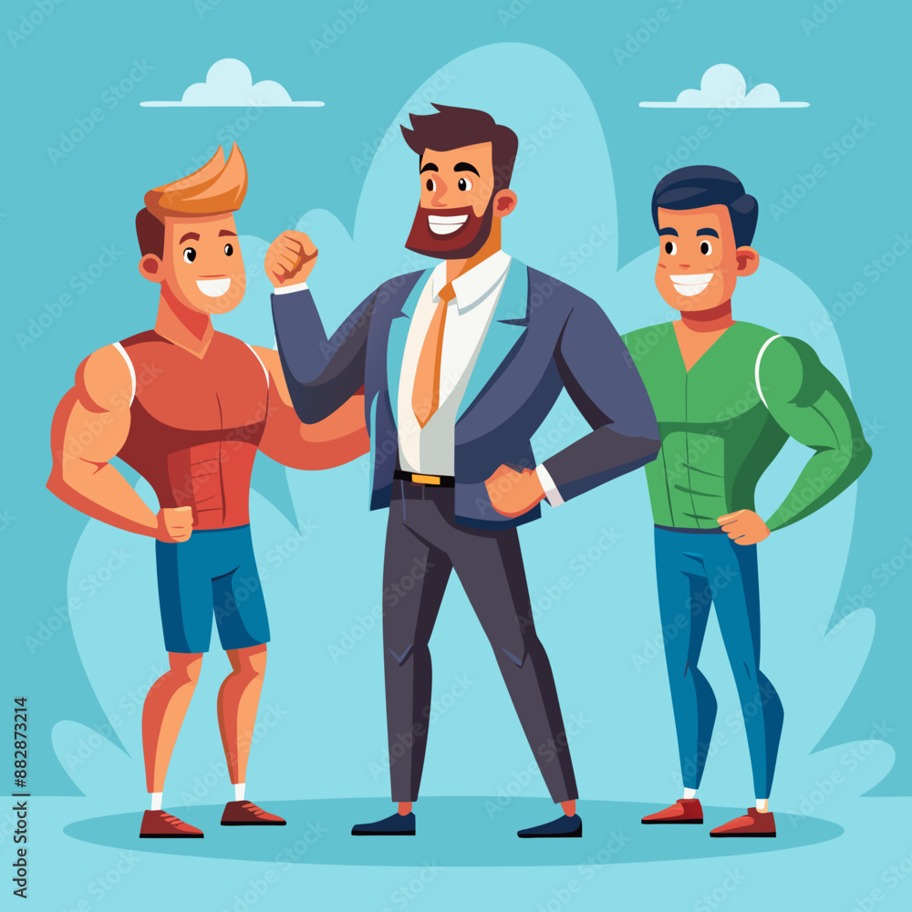 Caucasian Male, Adult, Muscular : Standing in a suit, with between two business partners.
Caucasian Male, Adult, Muscular : Standing in a suit, with between two business partners.