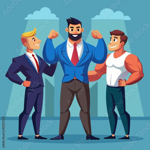 Caucasian Male, Adult, Muscular : Standing in a suit, with between two business partners.
