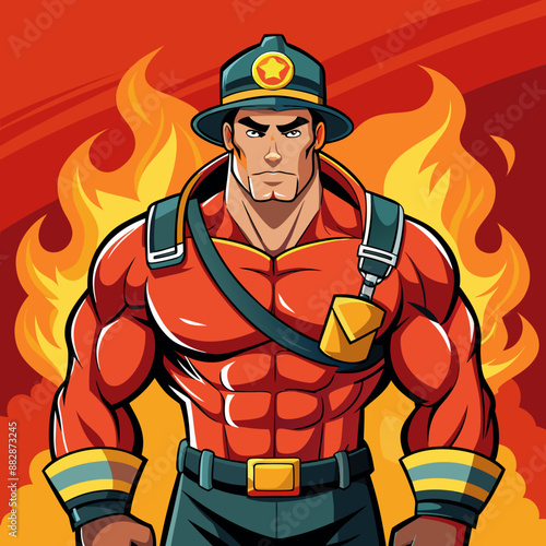Caucasian Male, Adult, Muscular : Wearing a firefighter uniform
