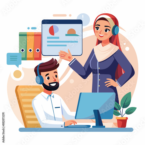 Middle Eastern Female, Young Adult : Pointing towards a customer service representative on a computer screen.
