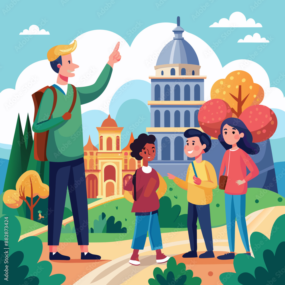 Man Pointing towards a historical landmark while leading a tour group.
Man Pointing towards a historical landmark while leading a tour group.