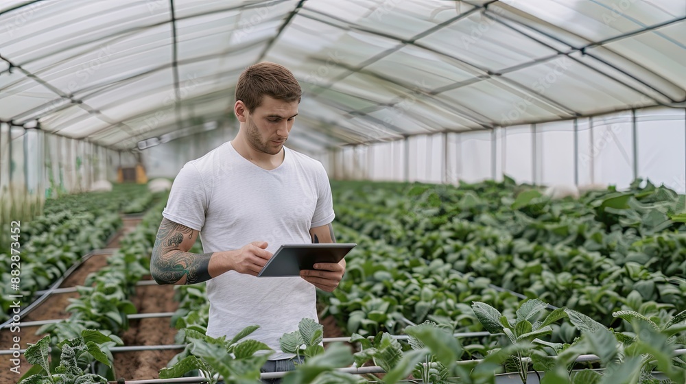 A man walks through rows of plants in a greenhouse while looking at a tablet A man walks through rows of plants in a greenhouse while looking at a tablet