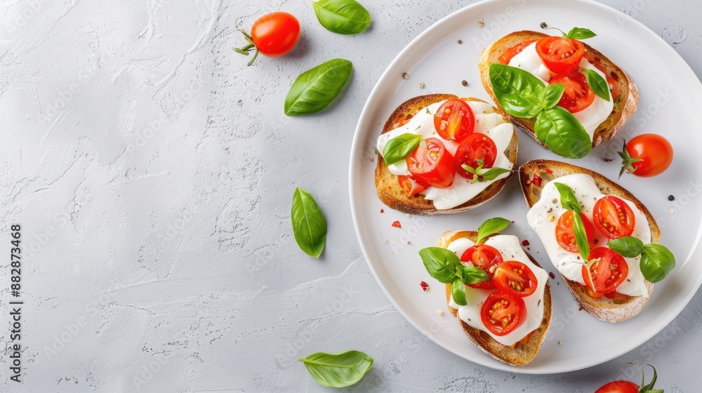 Four pieces of toasted bread topped with fresh mozzarella, sliced tomatoes, and basil leaves Four pieces of toasted bread topped with fresh mozzarella, sliced tomatoes, and basil leaves