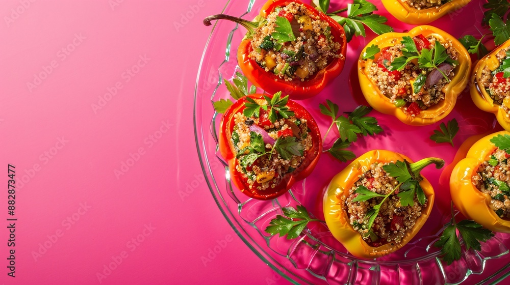 Hot pink background showcasing an elegant glass platter with mini stuffed bell peppers filled with quinoa and herbs Hot pink background showcasing an elegant glass platter with mini stuffed bell peppers filled with quinoa and herbs
