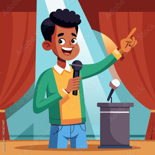 African American Male, Young Adult, Average Build : Holding a microphone to give a speech on stage.
