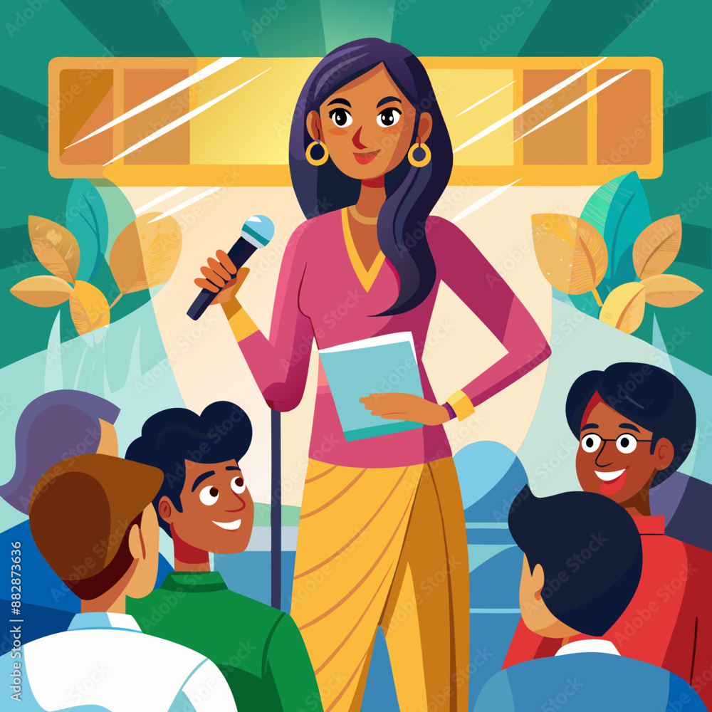 Indian Female, Young Adult, Slim : Confidently holding a presentation remote, facing a captivated audience.
Indian Female, Young Adult, Slim : Confidently holding a presentation remote, facing a captivated audience.