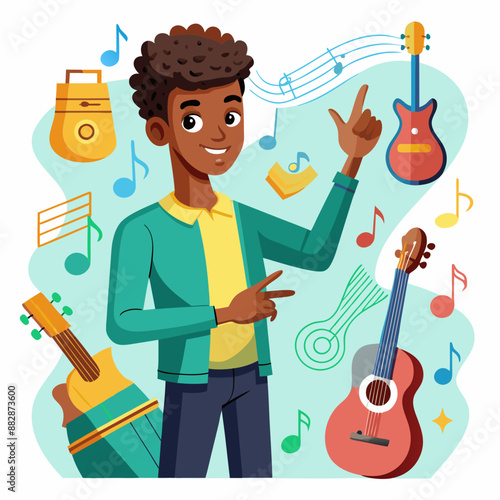 Young Adult Male Pointing at Musical Instrument Vector Illustration