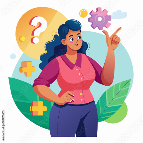 Latina Female, Adult, Curvy : Pointing towards a missing piece of a puzzle while trying to solve it.
