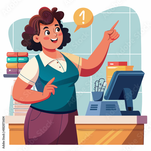 Latina Female, Adult, Curvy : Pointing towards a specific customer while working the cash register.
