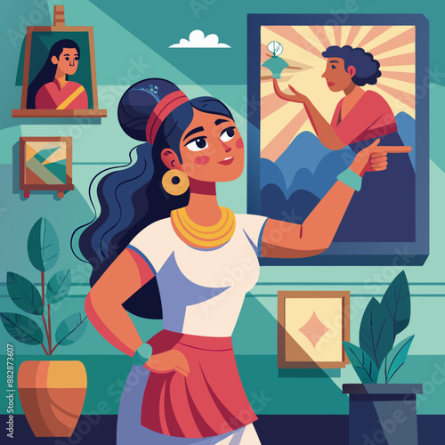 Latina Female, Adult, Curvy : Pointing towards a specific artwork displayed in a museum.
