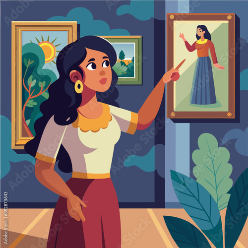Latina Female  Pointing towards a specific artwork displayed in a museum.
