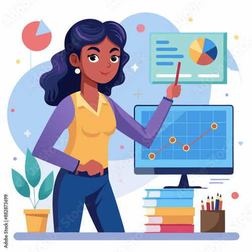 Indian Female Analyzing data on a large computer monitor, a determined expression on her face.
