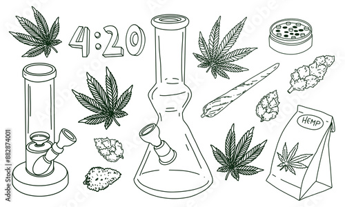 Cannabis elements set bong, marijuana leaf, joint dried buds. Vector illustration in doodle outline hand drawn style