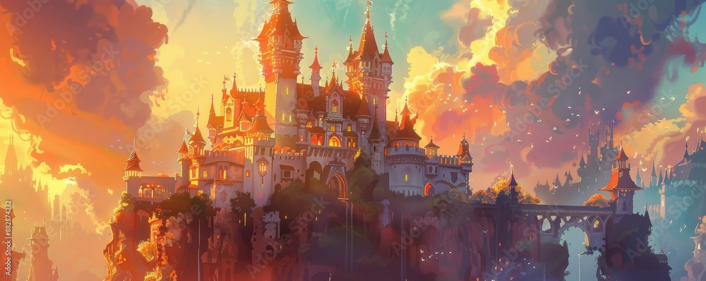 Fantasy castle in the sky with vibrant sunset hues, surrounded by clouds and a magical scenery, perfect for fairytale and adventure themes. Fantasy castle in the sky with vibrant sunset hues, surrounded by clouds and a magical scenery, perfect for fairytale and adventure themes.