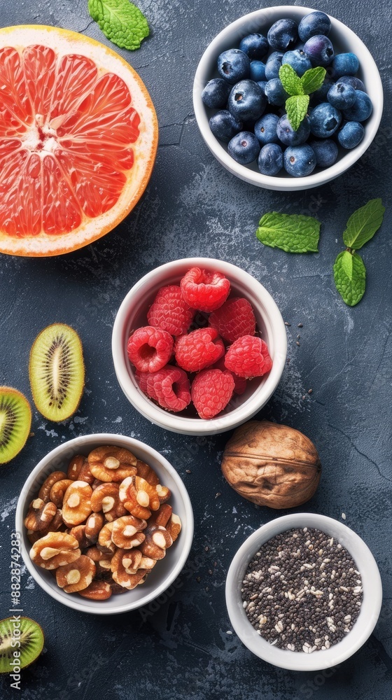 A variety of fresh fruits, including raspberries, strawberries, blueberries, limes, and an apple, are arranged on a gray surface, along with green herbs A variety of fresh fruits, including raspberries, strawberries, blueberries, limes, and an apple, are arranged on a gray surface, along with green herbs
