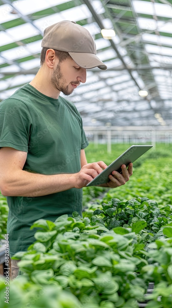 A man walks through rows of plants in a greenhouse while looking at a tablet