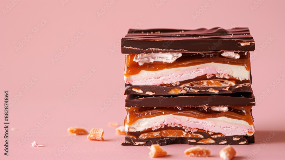 Soft pink background featuring a contemporary candy bar with layers of caramel, nougat, and dark chocolate Soft pink background featuring a contemporary candy bar with layers of caramel, nougat, and dark chocolate