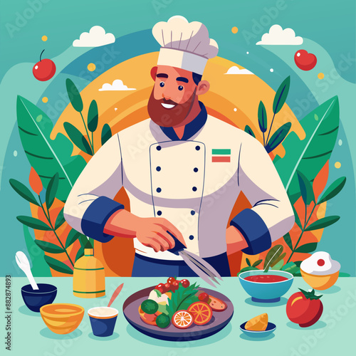 Caucasian Male, Adult, Muscular : Dressed in a chef's uniform, plating a beautifully arranged gourmet dish.
