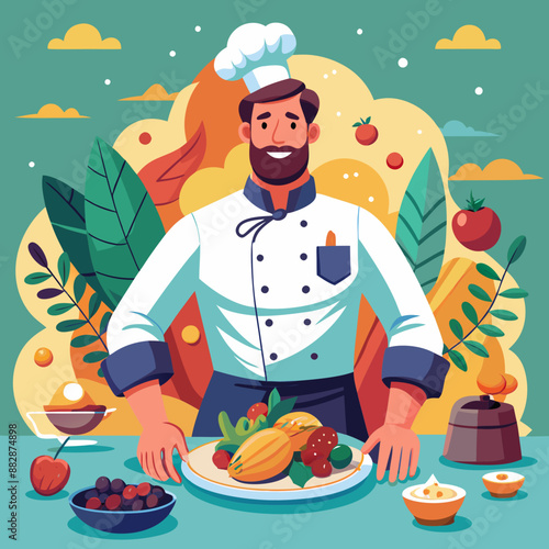 Caucasian Male, Adult, Muscular : Dressed in a chef's uniform, plating a beautifully arranged gourmet dish.
