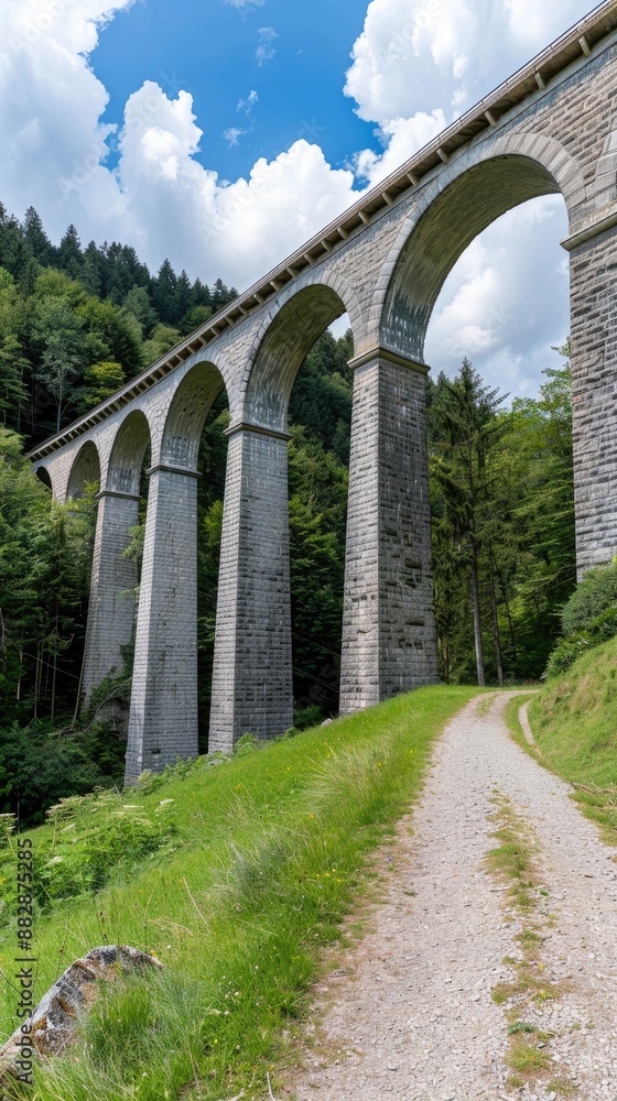 Fototapeta premium A large stone viaduct bridge with multiple arches spans a dry riverbed surrounded by lush green trees and a clear blue sky