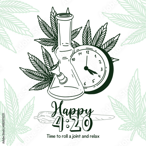 Cannabis banner with clock and time 4:20 and bong surrounded by marijuana leaves. Happy 420 vector illustration in doodle outline hand drawn style