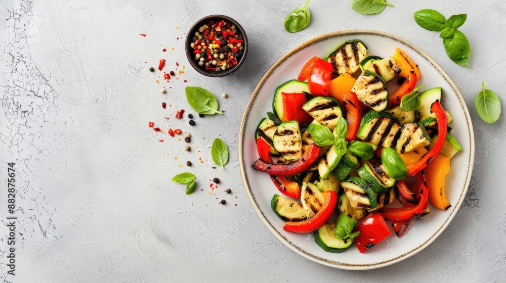 A white plate piled high with grilled zucchini, bell peppers, broccoli florets, and onion slices A white plate piled high with grilled zucchini, bell peppers, broccoli florets, and onion slices