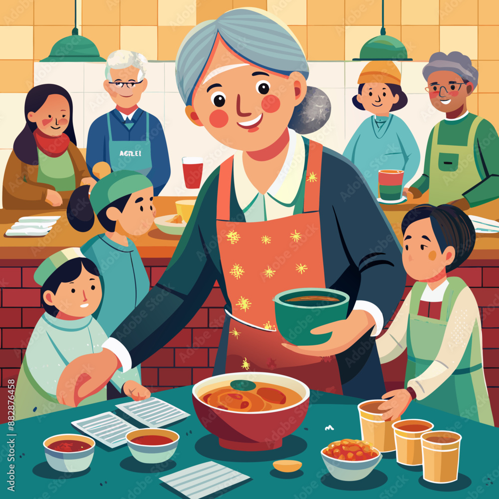 Senior Asian Female Volunteering at a soup kitchen, compassionately serving food to those in need.
Senior Asian Female Volunteering at a soup kitchen, compassionately serving food to those in need.