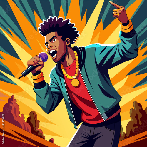 Black Male Delivering a powerful rap performance, captivating the audience with his energy.
