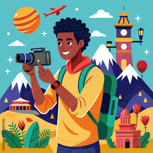 Black Male Filming a travel vlog, capturing the sights and sounds of a new destination.
