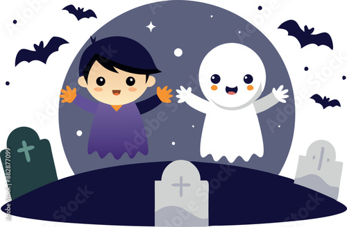 Ghost and vampire kids in a graveyard at night