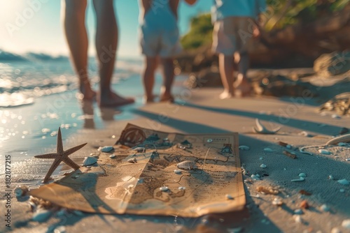 A family treasure hunt on the beach with a map leading to holidaythemed surprises