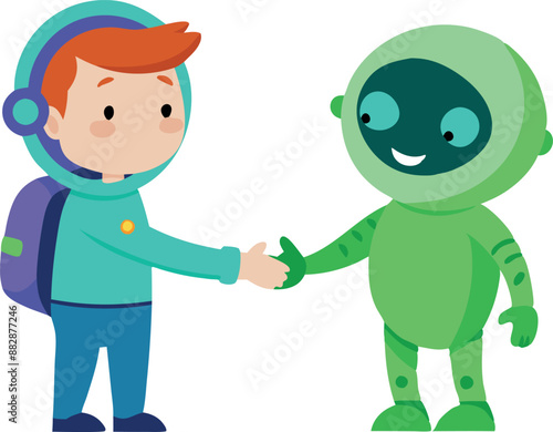 Boy and alien shaking hands in costumes