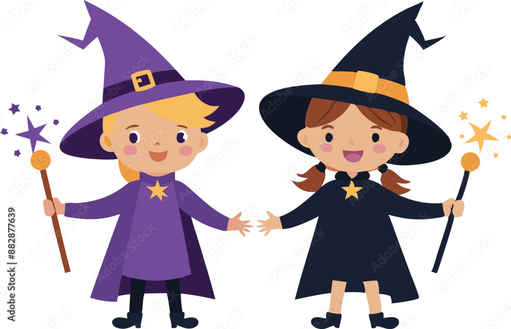 Two girls dressed as witches holding magic wands Two girls dressed as witches holding magic wands