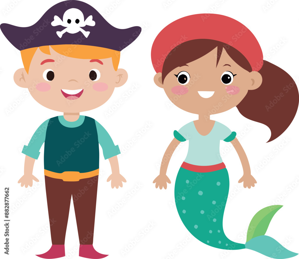 Fototapeta premium Kids dressed as pirate and mermaid for Halloween
