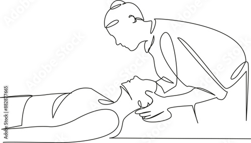 One continuous single drawing line art flat doodle medical, rehabilitation, adult, treatment, patient, physiotherapy, osteopath, old. Isolated image hand draw contour on a white background
