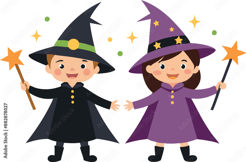 Kids dressed as witch and wizard with wands Kids dressed as witch and wizard with wands