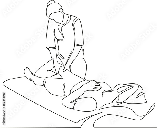 One continuous single drawing line art flat doodle medical, rehabilitation, adult, treatment, patient, physiotherapy, osteopath, old. Isolated image hand draw contour on a white background
