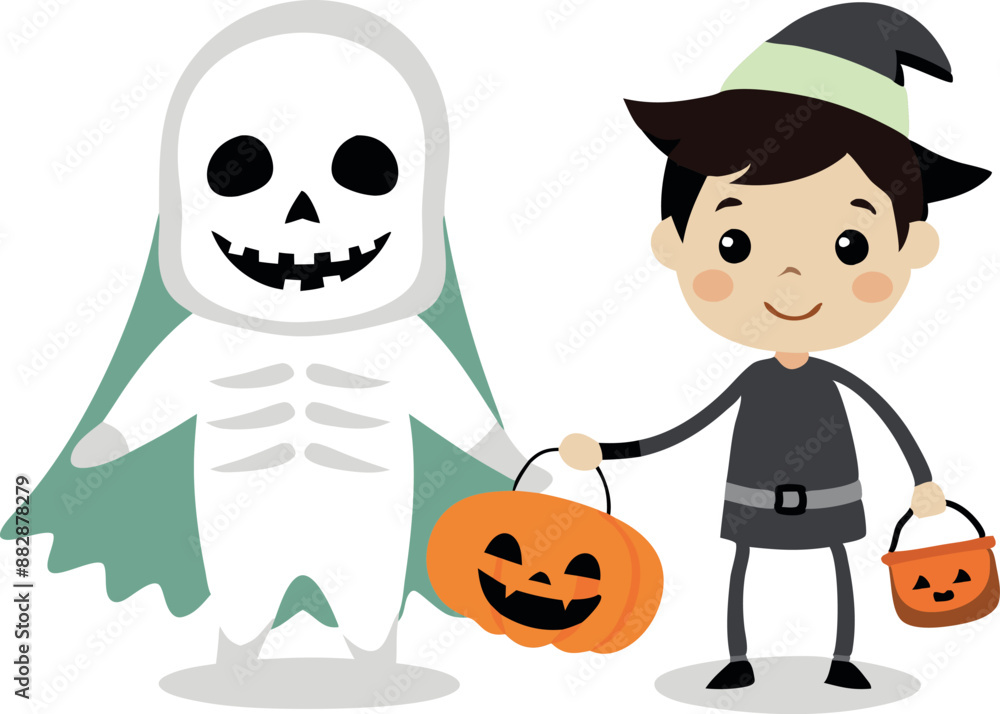 Kids dressed as ghost and mummy with pumpkins Kids dressed as ghost and mummy with pumpkins