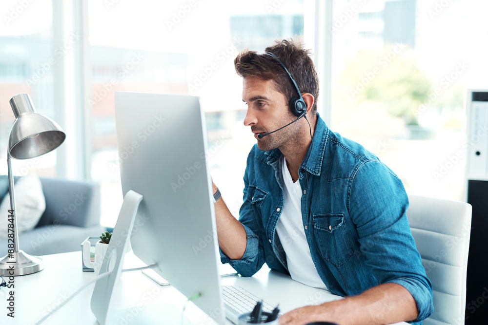 Desk, online and man with headset, computer and consultation for talking in agency and customer service. Advisor, connect and call center in office, communication and operator for telemarketing Desk, online and man with headset, computer and consultation for talking in agency and customer service. Advisor, connect and call center in office, communication and operator for telemarketing