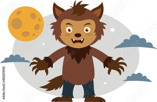 Kid dressed as a werewolf under a full moon