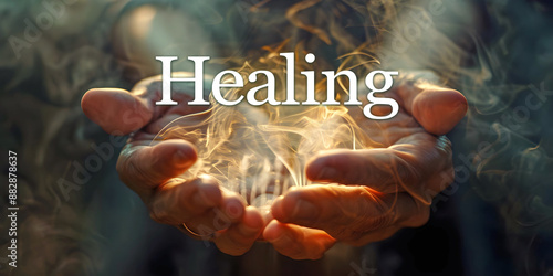 Energy Healer Sensing healing vibes - Cupped hands with flowing wispy plasma and the word HEALING above ideal for an energy healing theme
