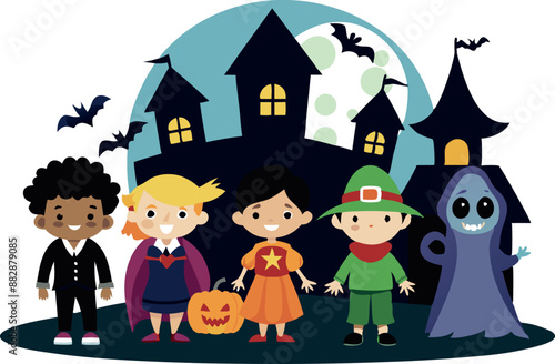 Kids in costumes outside a haunted house