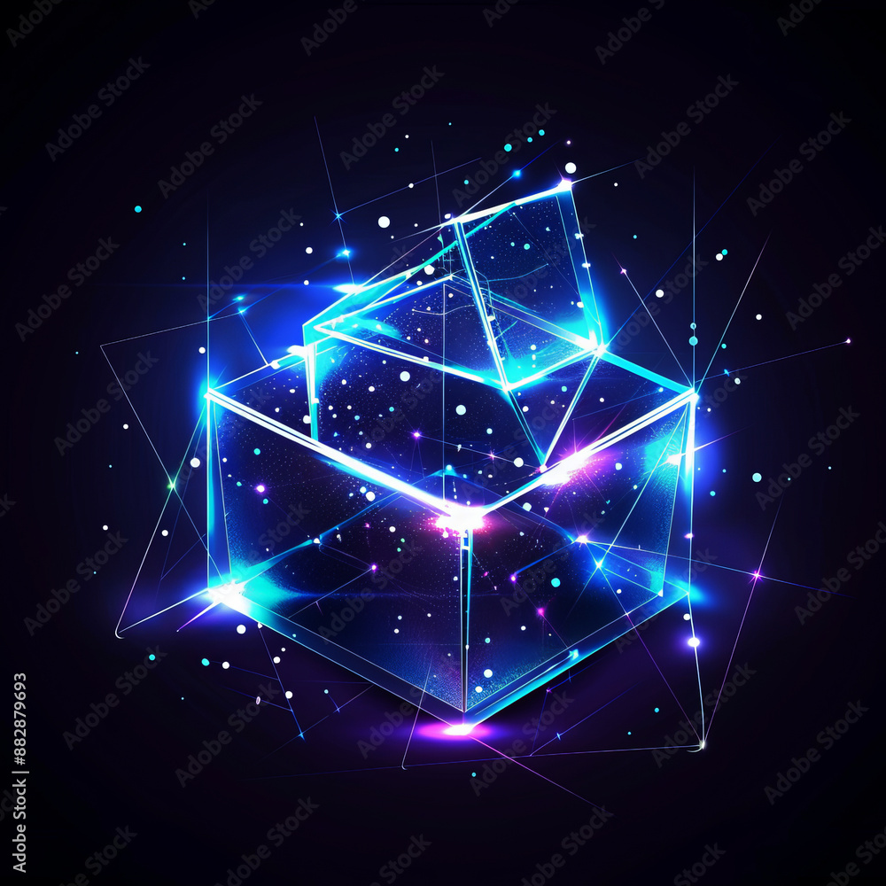 Abstract futuristic open box with glowing low poly lines on dark blac background, Abstract futuristic open box with glowing low poly lines on dark blac background,
