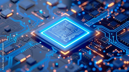 A chip with blue lighting on the surface, surrounded by circuit board patterns and text