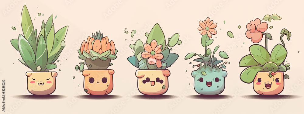 Cute cartoon character house plants in pots with smiling faces on neutral background Cute cartoon character house plants in pots with smiling faces on neutral background