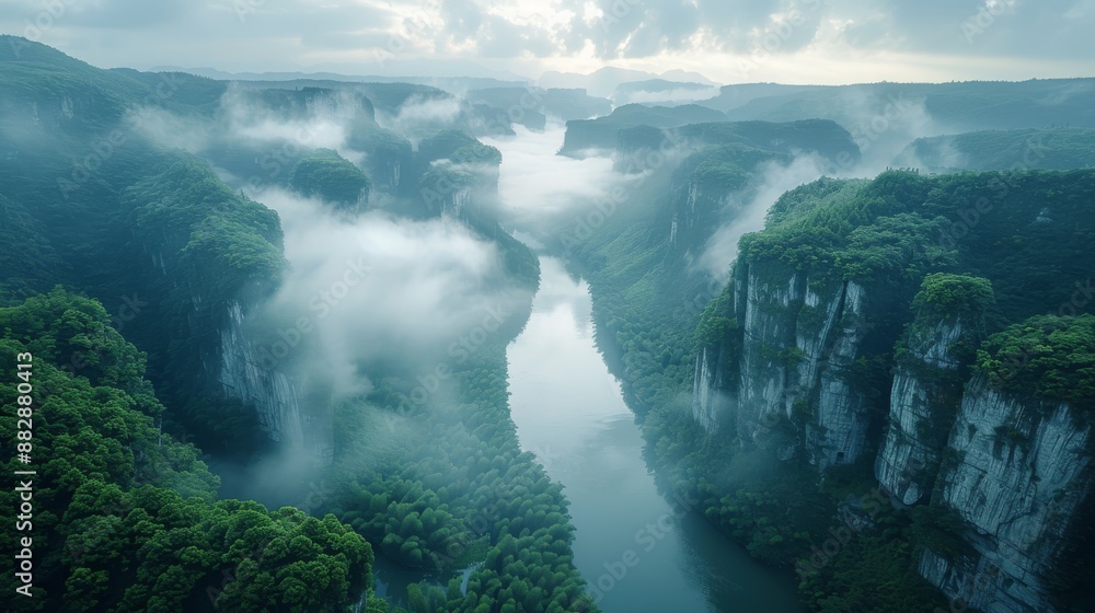 Aerial photo of Guizhou Canyon,The camera looks down a little,The misty morning,The river flows in between two steep cliffs that have been carved by nature into walls,A little further away, the sun Aerial photo of Guizhou Canyon,The camera looks down a little,The misty morning,The river flows in between two steep cliffs that have been carved by nature into walls,A little further away, the sun