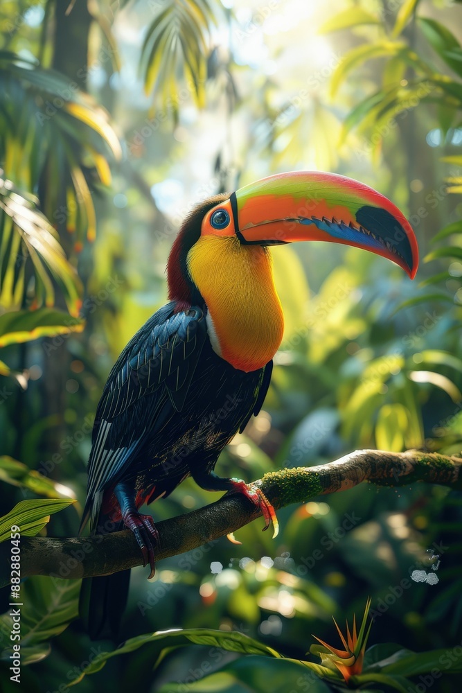 Obraz premium Vibrant Toucan Perched on Branch in Lush Tropical Rainforest with Sunlight Filtering Through Foliage