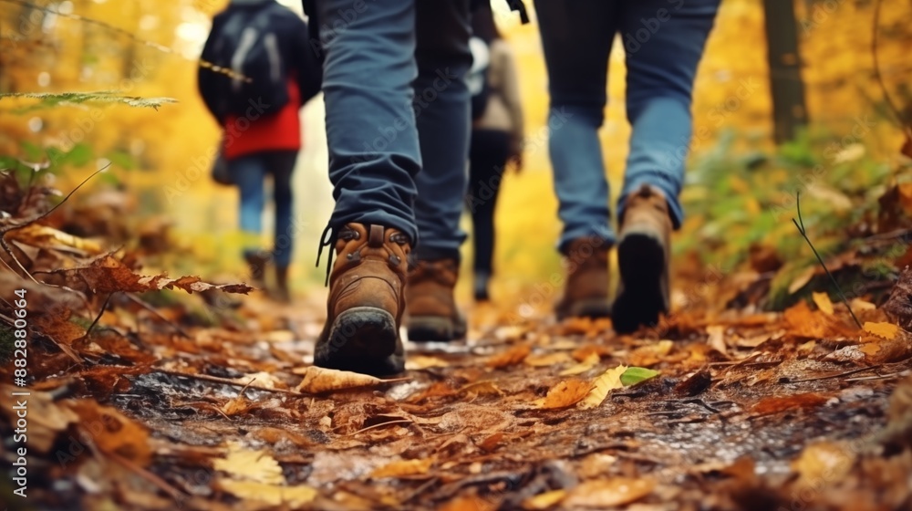Group of tourists walks along the path of the autumn forest. Feet close-up. Traveling in a small group. Group of tourists walks along the path of the autumn forest. Feet close-up. Traveling in a small group.